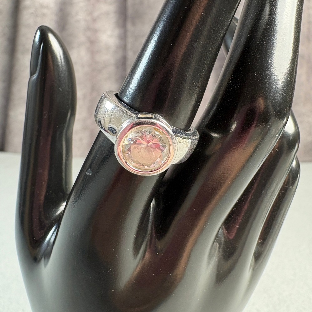 Silver Tone Round Bezel Set Clear Stone Solitaire Cocktail Ring Size 6.5